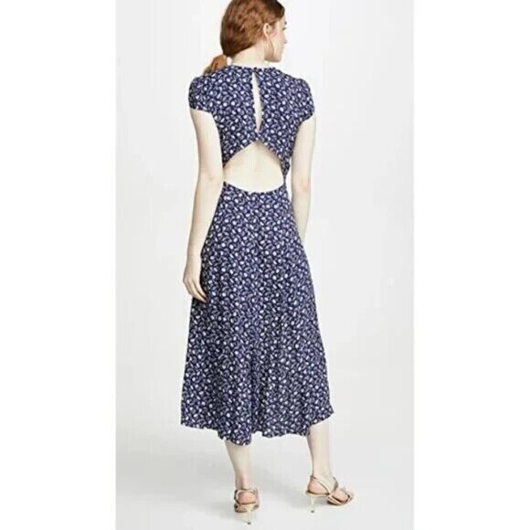REFORMATION Gavin Navy Floral Midi Dress Open Back Cap Sleeve Size 12 - Picture 4 of 12